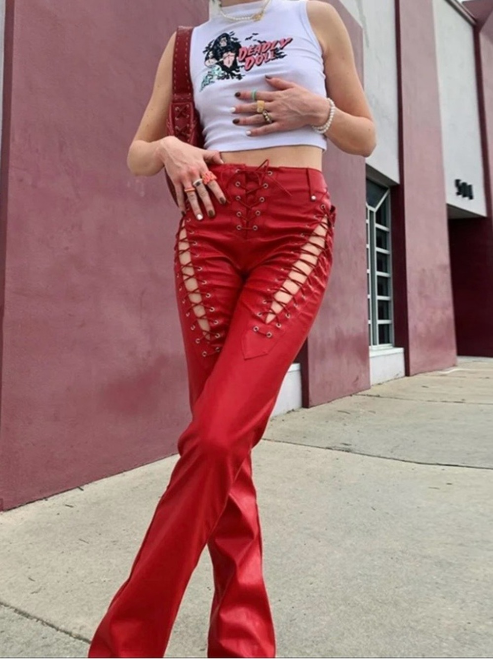 High-Rise Red Lace-Up Skinny Pants